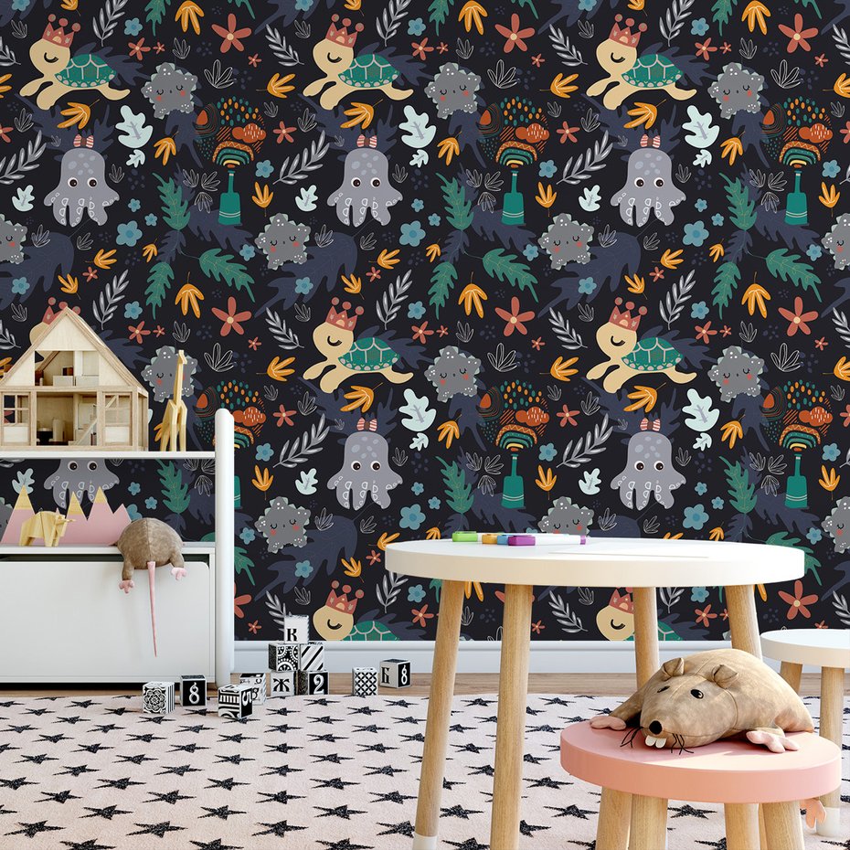 Tapeta - dziecięca, żółw, ośmiornica, liście