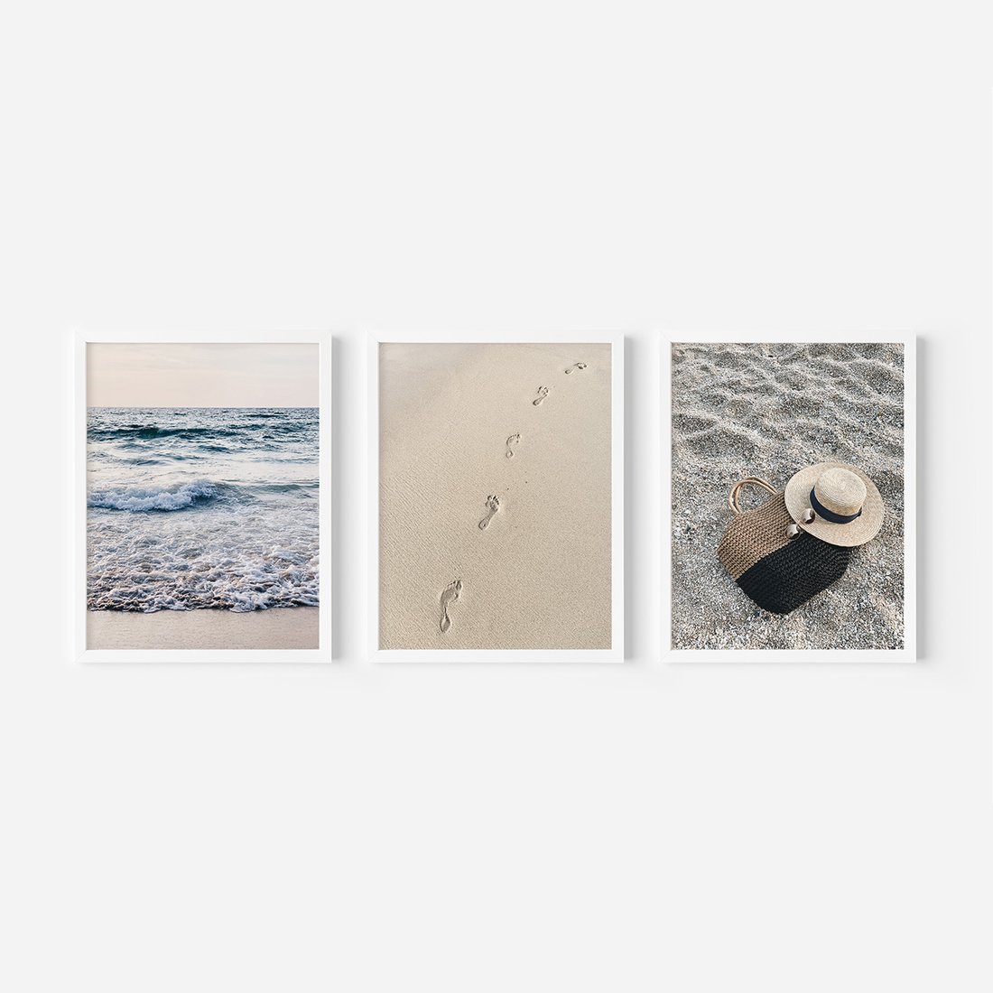 Zestaw obrazy w ramie, plakaty - plaża, morze, piasek - rama biała