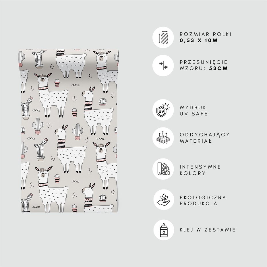 Tapeta - dziecięca, lama, kaktus, wzór