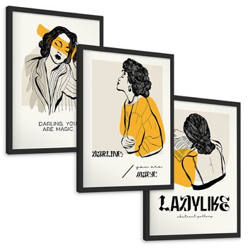 Zestaw obrazy w ramie, plakaty - kobieta, rysunek, portret - rama czarna