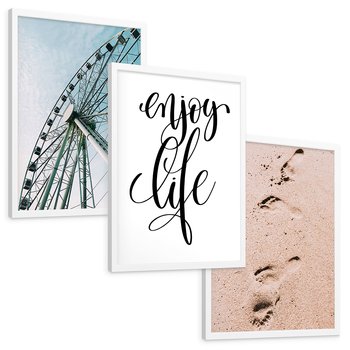 Zestaw obrazy w ramie, plakaty - wakacje, plaża, piasek - rama biała