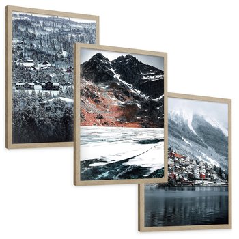 Zestaw obrazy w ramie, plakaty - śnieg, góry, zima - rama drewno