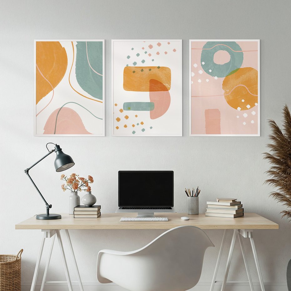 Zestaw obrazy w ramie, plakaty - abstrakcja, pastelowe, kształty - rama biała