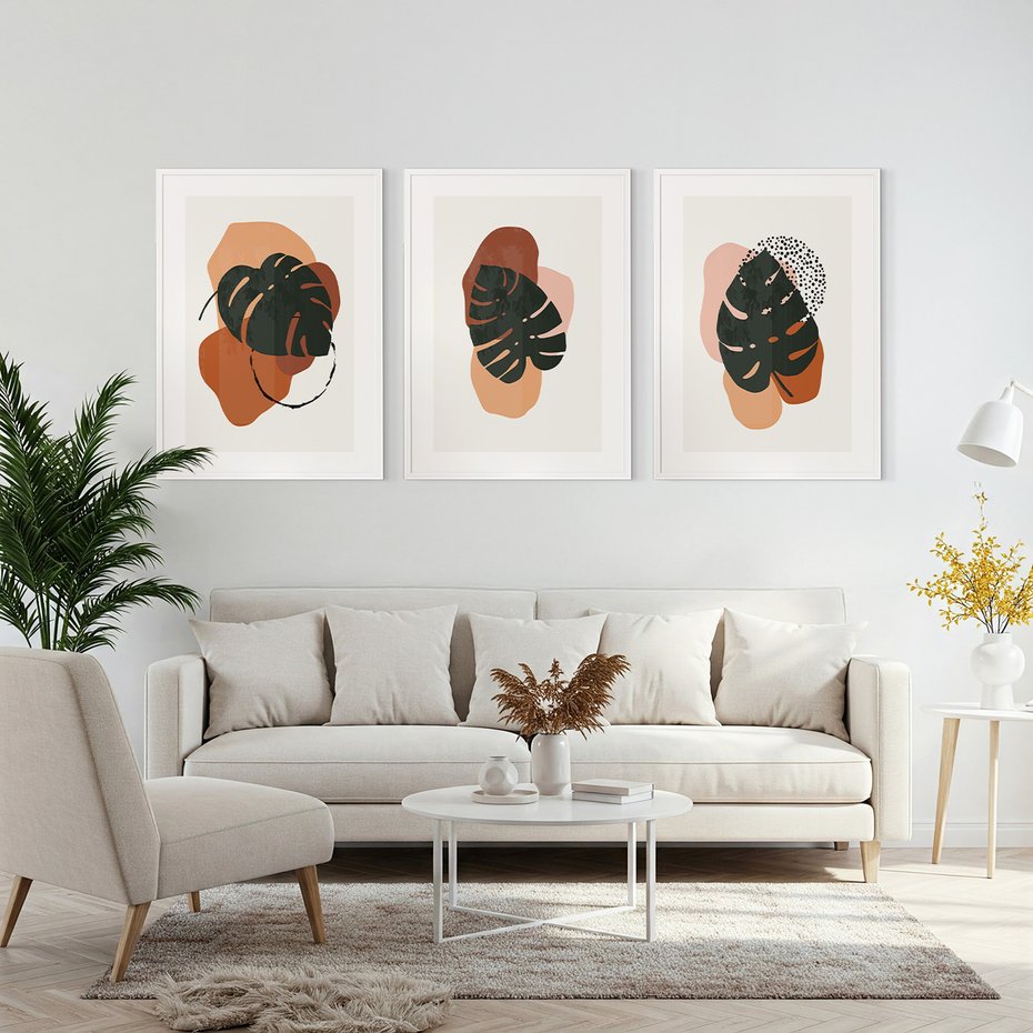 Zestaw obrazy w ramie, plakaty - liście, monstera, abstrakcja - rama biała