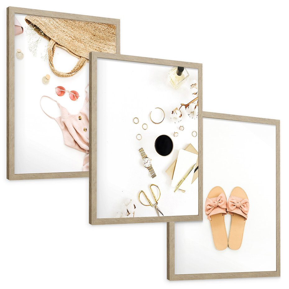 Zestaw obrazy w ramie, plakaty - akcesoria, różowy, złoty - rama drewno