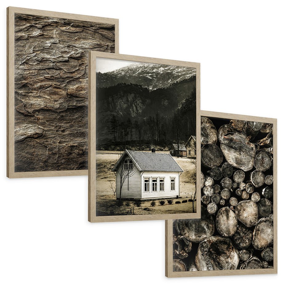 Zestaw obrazy w ramie, plakaty - dom, natura, drewno - rama drewno