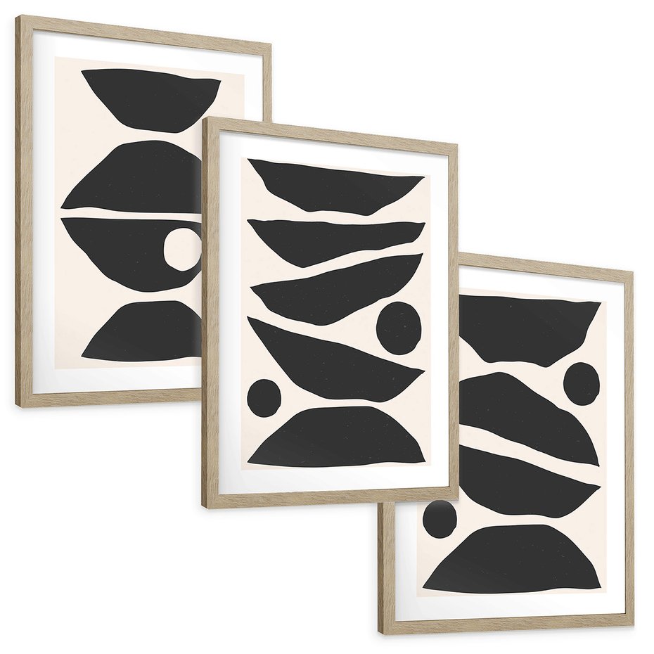 Zestaw obrazy w ramie, plakaty - abstrakcja, minimalizm, kształty - rama drewno
