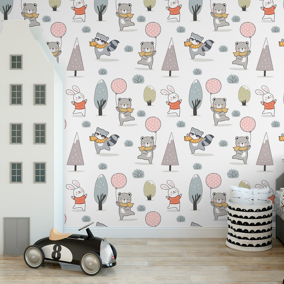 Tapeta - dziecięca, zwierzęta, drzewa, szaliki