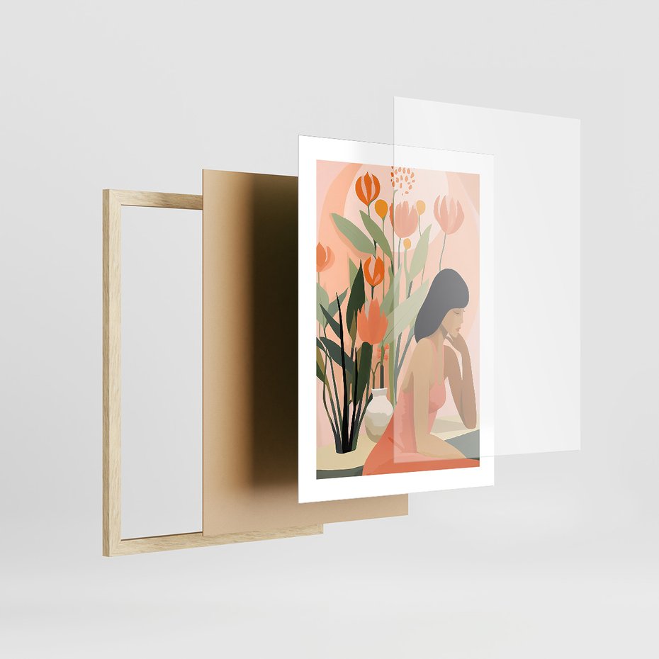 Zestaw obrazy w ramie, plakaty - kobieta, kwiaty, liście - rama drewno