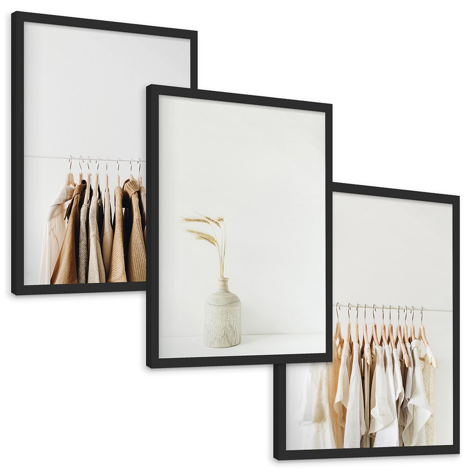 Zestaw obrazy w ramie, plakaty - ubrania, wazon, beżowy - rama czarna