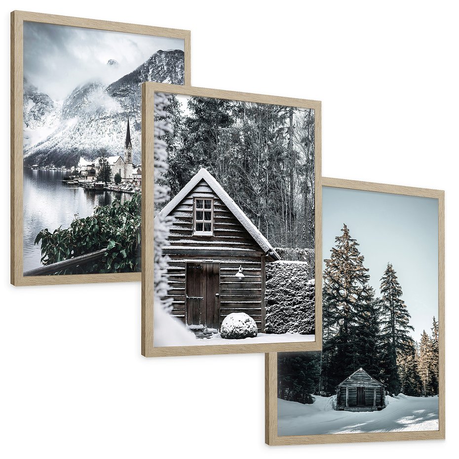 Zestaw obrazy w ramie, plakaty - zima, śnieg, krajobraz - rama drewno