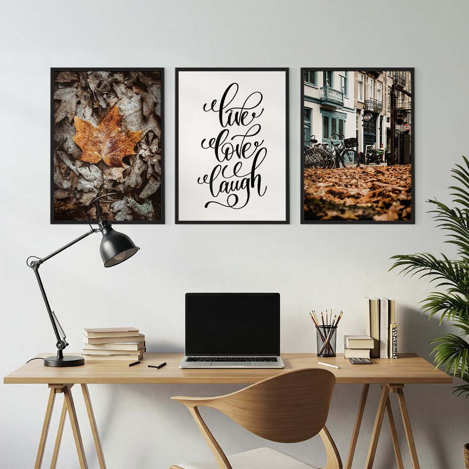 Zestaw obrazy w ramie, plakaty - liście, jesień, napisy - rama czarna