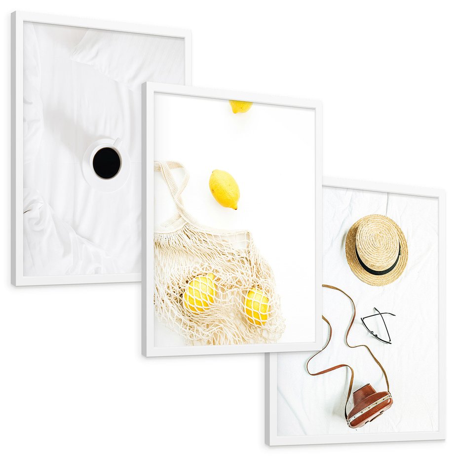 Zestaw obrazy w ramie, plakaty - śniadanie, cytryny, minimalizm - rama biała
