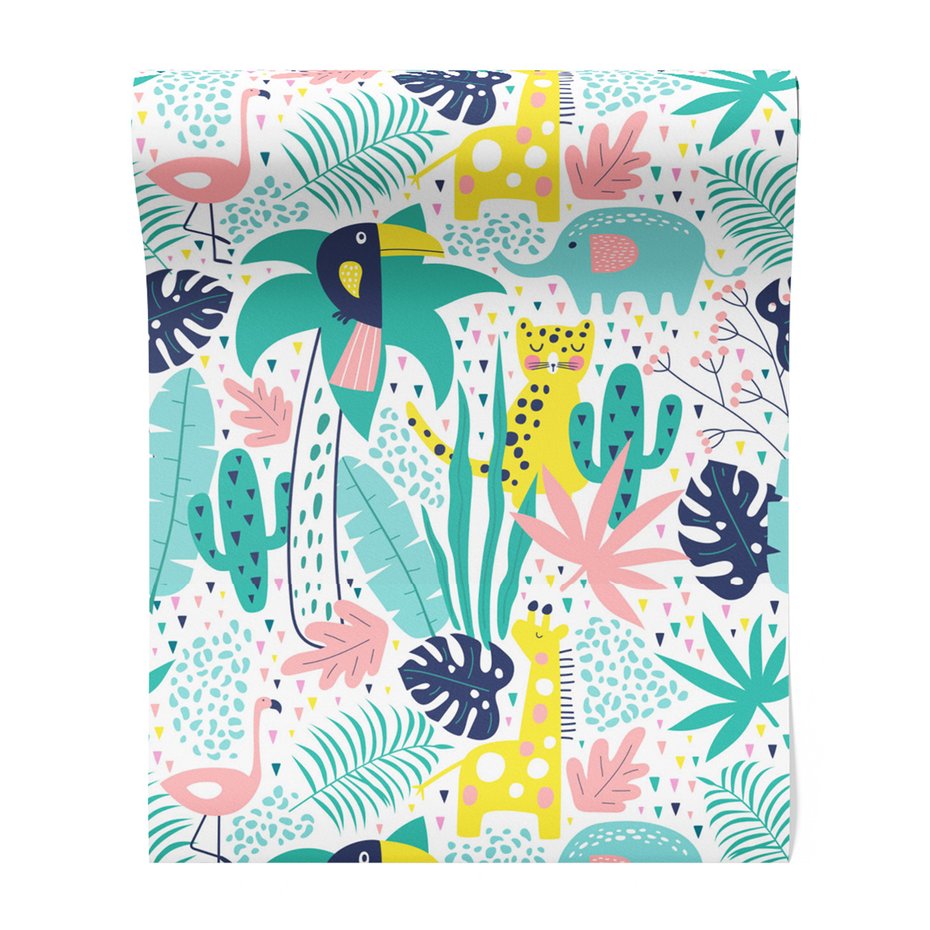 Tapeta - dziecięca, zwierzęta, liście, palma