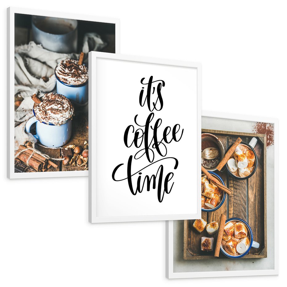 Zestaw obrazy w ramie, plakaty - kawa, kakao, napój - rama biała