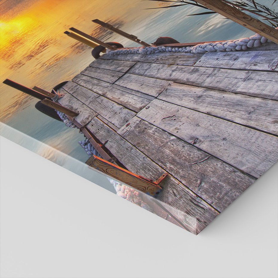 Obraz na płótnie - zachód słońca, ptaki, pomost