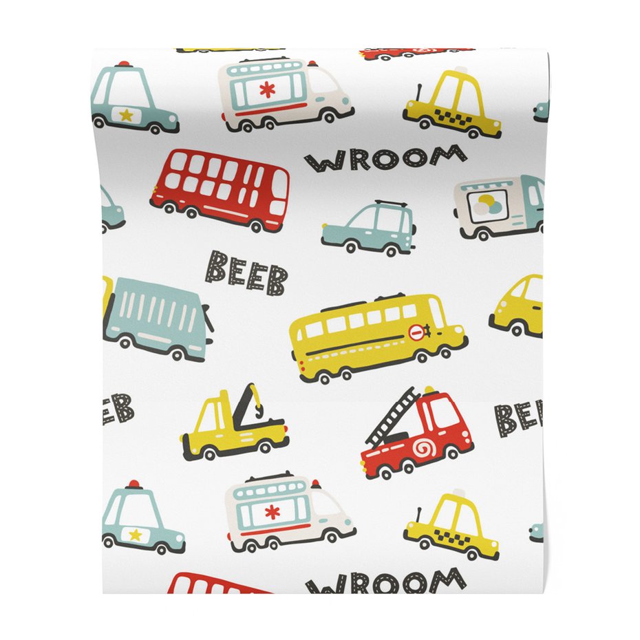 Tapeta - dziecięca, pojazdy, autobus, auta