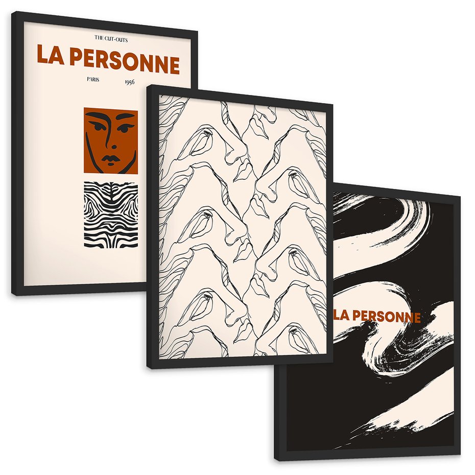 Zestaw obrazy w ramie, plakaty - abstrakcja, twarze, vintage - rama czarna