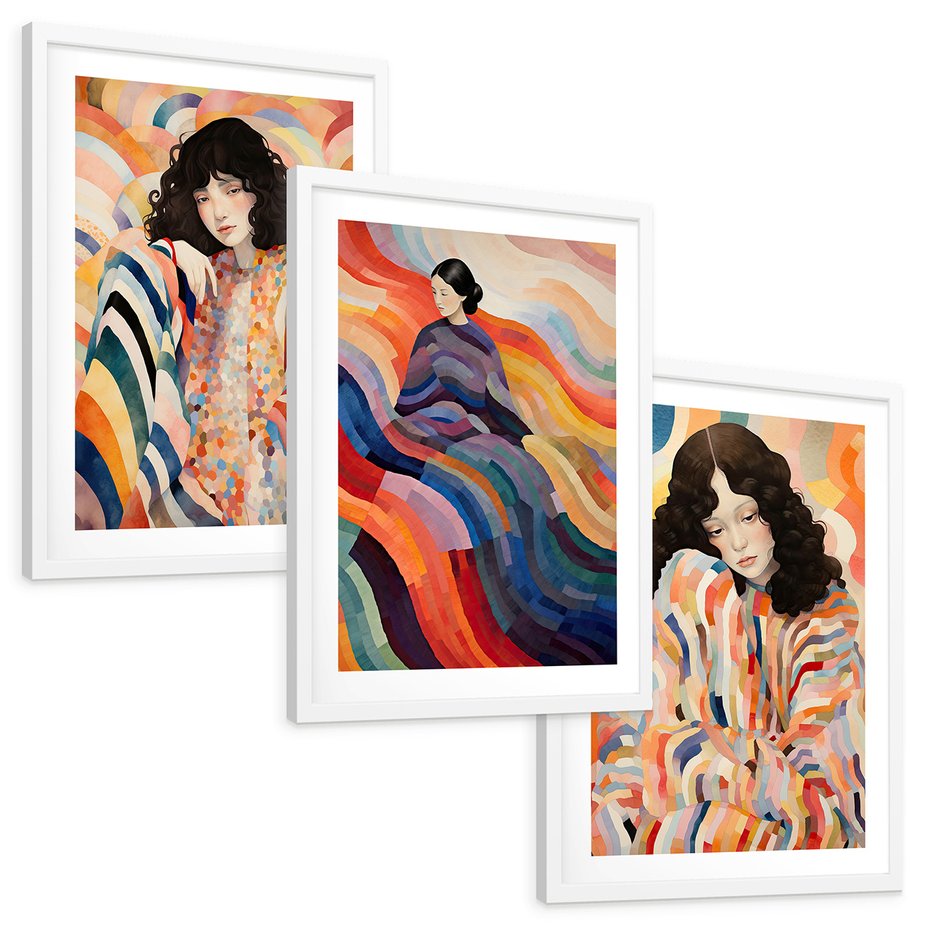 Zestaw obrazy w ramie, plakaty - kobieta, wzory, kolory, - rama biała