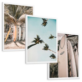 Zestaw obrazy w ramie, plakaty - palmy, deski surfingowe, plaża - rama biała