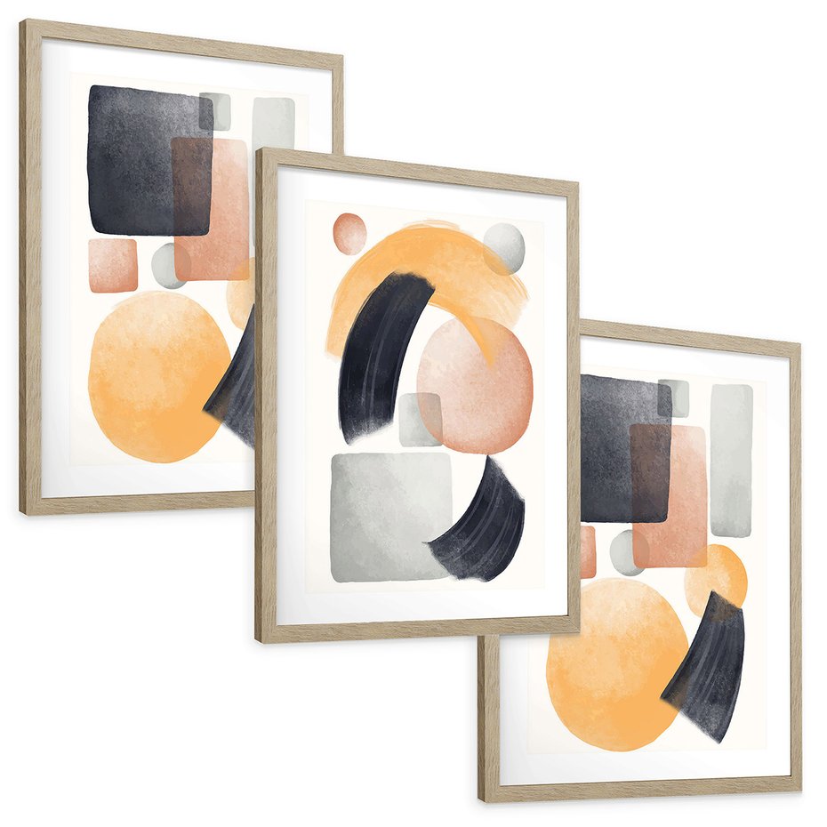 Zestaw obrazy w ramie, plakaty - abstrakcja, geometryczne, kształty - rama drewno