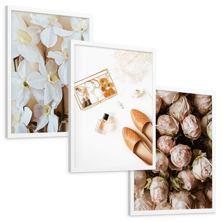 Zestaw obrazy w ramie, plakaty - kwiaty,róże,perfumy - rama biała