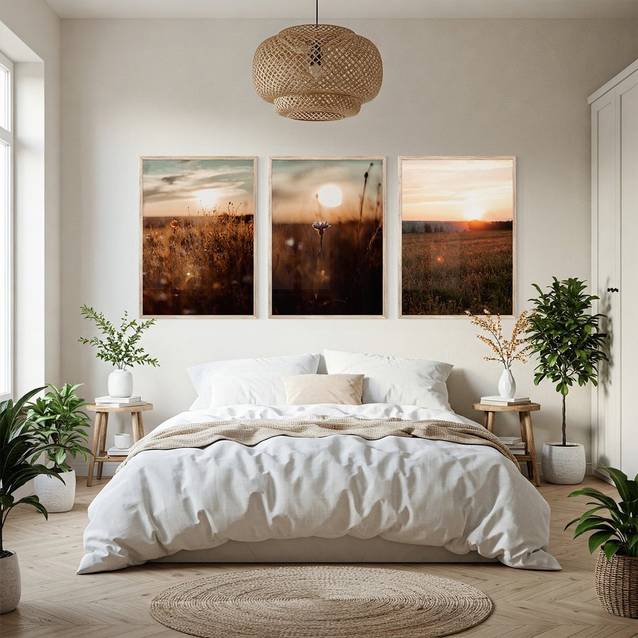 Zestaw obrazy w ramie, plakaty - pole, kwiaty, słońce - rama drewno