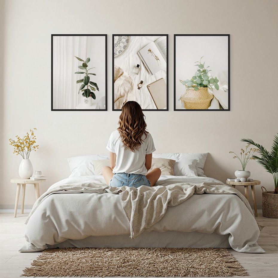 Zestaw obrazy w ramie, plakaty - rośliny, wnętrze, dekoracje - rama czarna