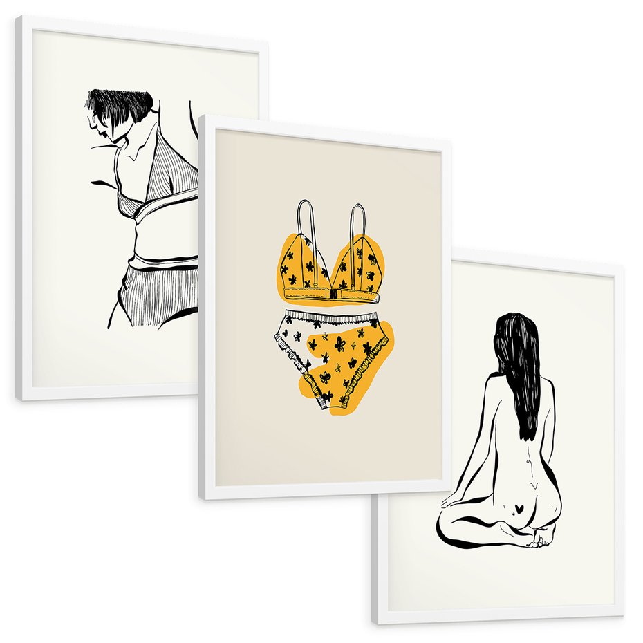 Zestaw obrazy w ramie, plakaty - kobieta, bielizna, ciało - rama biała