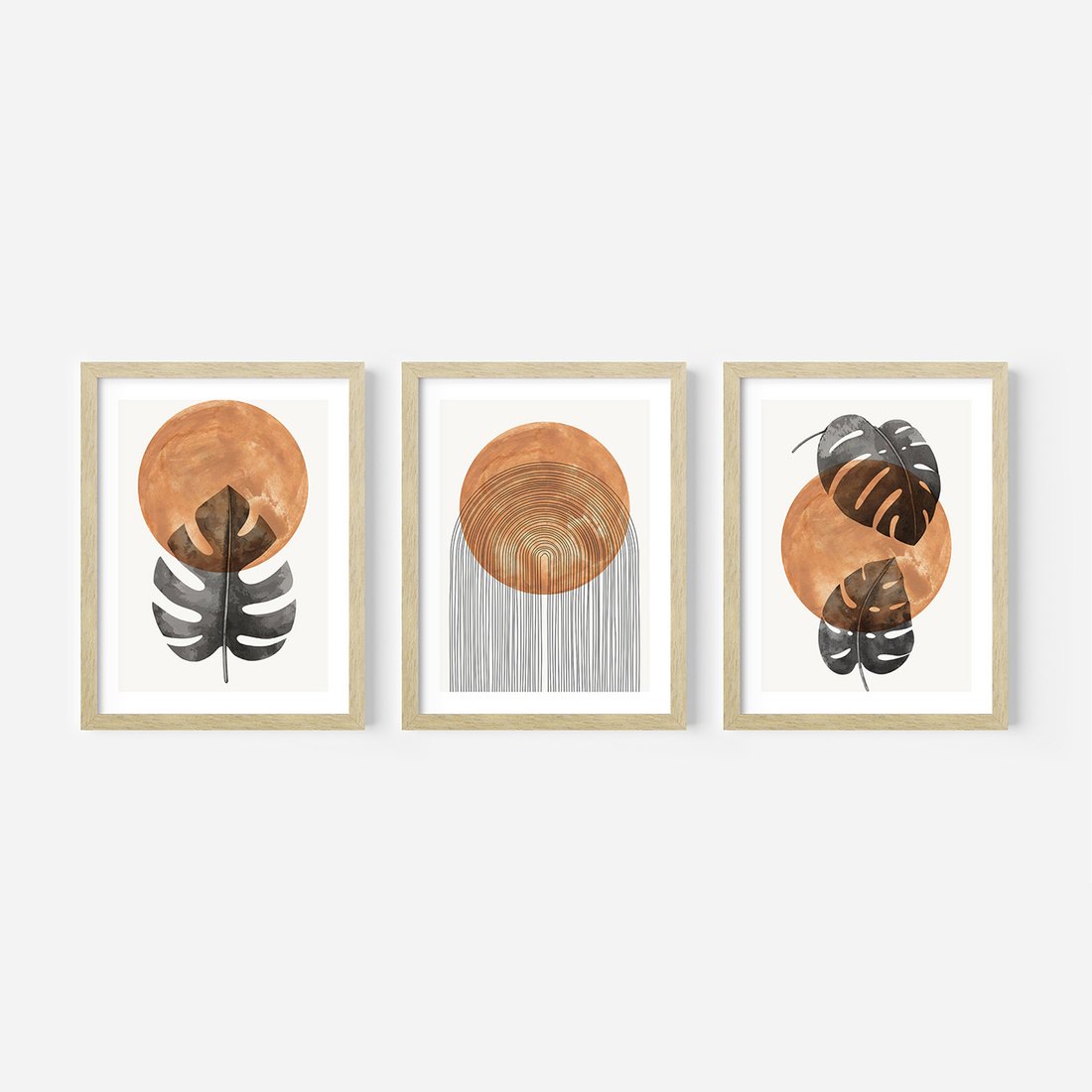 Zestaw obrazy w ramie, plakaty - liście, abstrakcja, okrąg - rama drewno