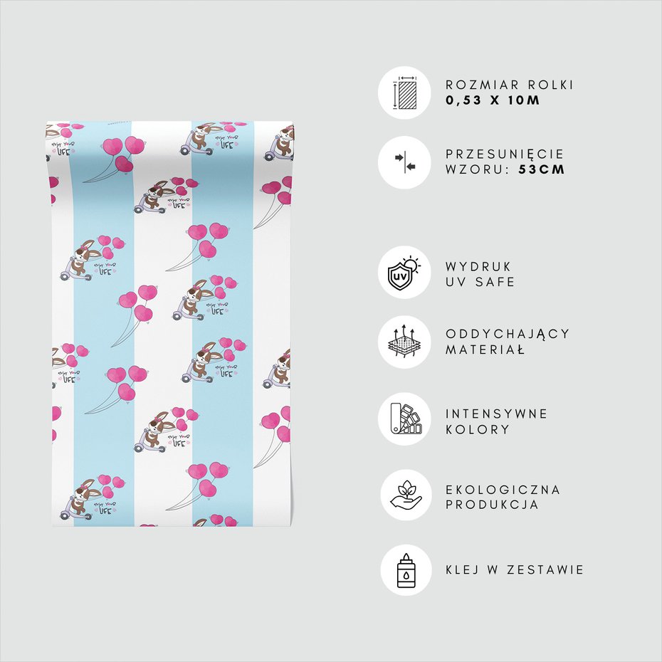 Tapeta - dziecięca, królik, hulajnoga, balony