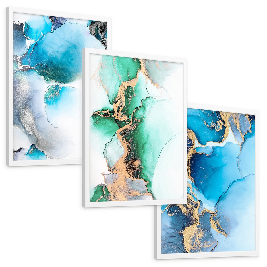 Zestaw obrazy w ramie, plakaty - abstrakcja, płyny, marmur - rama biała