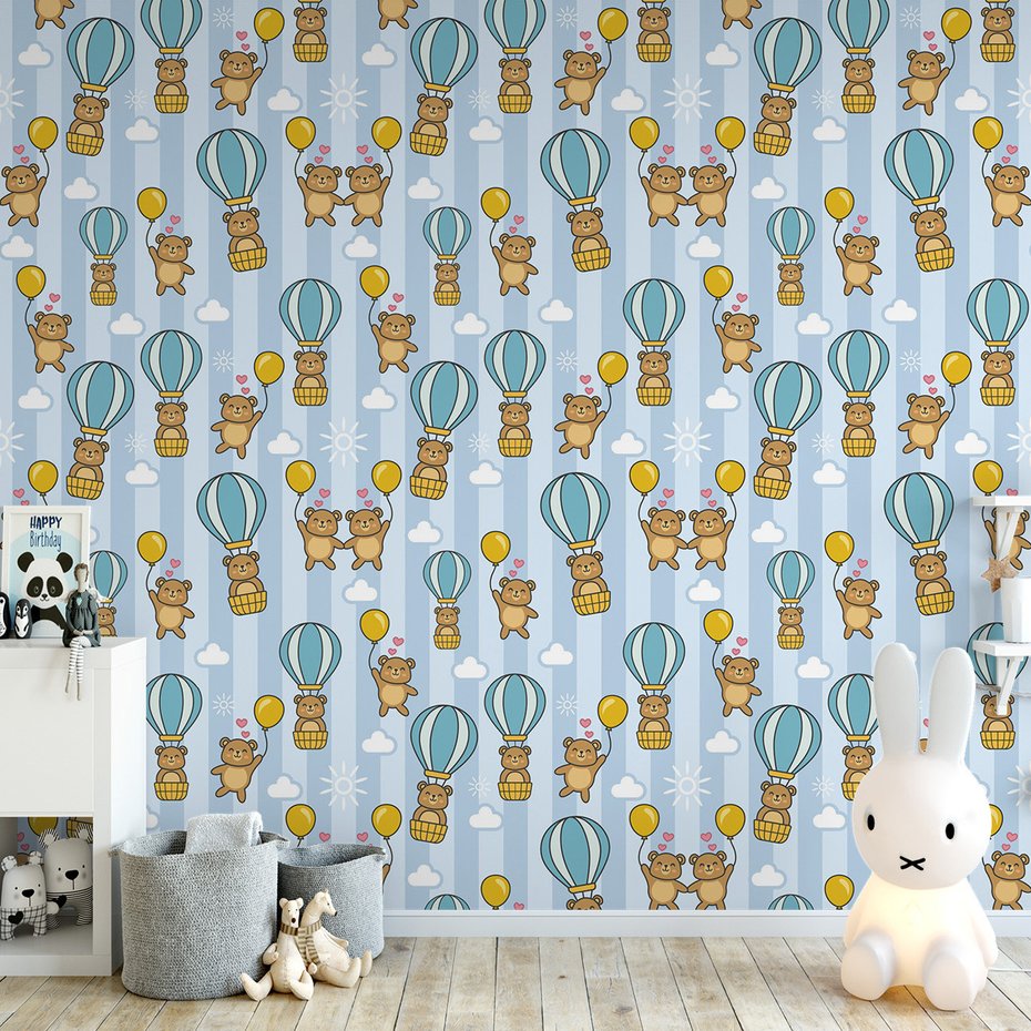 Tapeta - dziecięca, misie, balony, chmury
