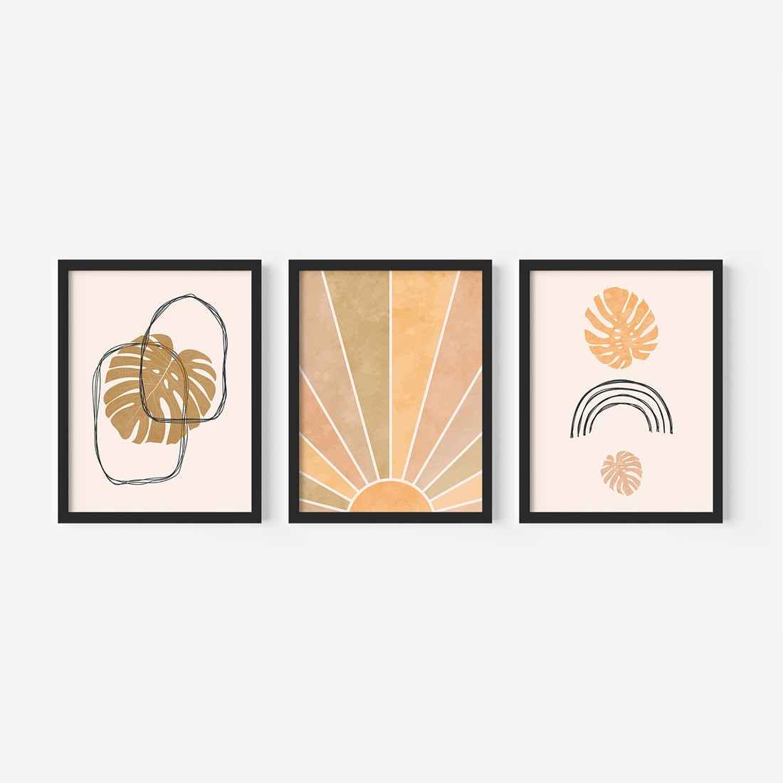 Zestaw obrazy w ramie, plakaty - liście, monstera, abstrakcja - rama czarna