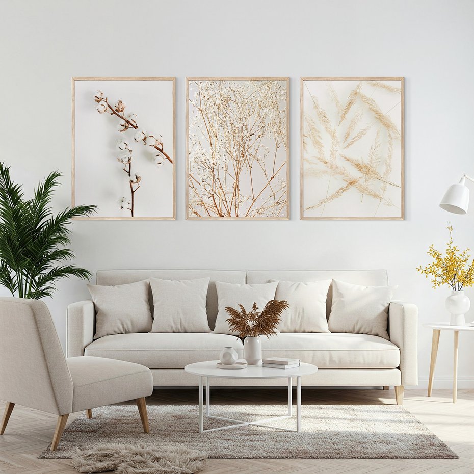 Zestaw obrazy w ramie, plakaty - kwiaty, gałązki, minimalizm - rama drewno