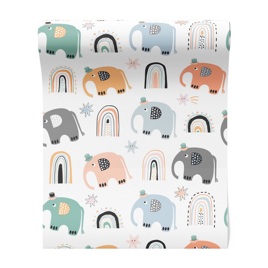 Tapeta - dziecięca, słonie, tęcze, gwiazdy