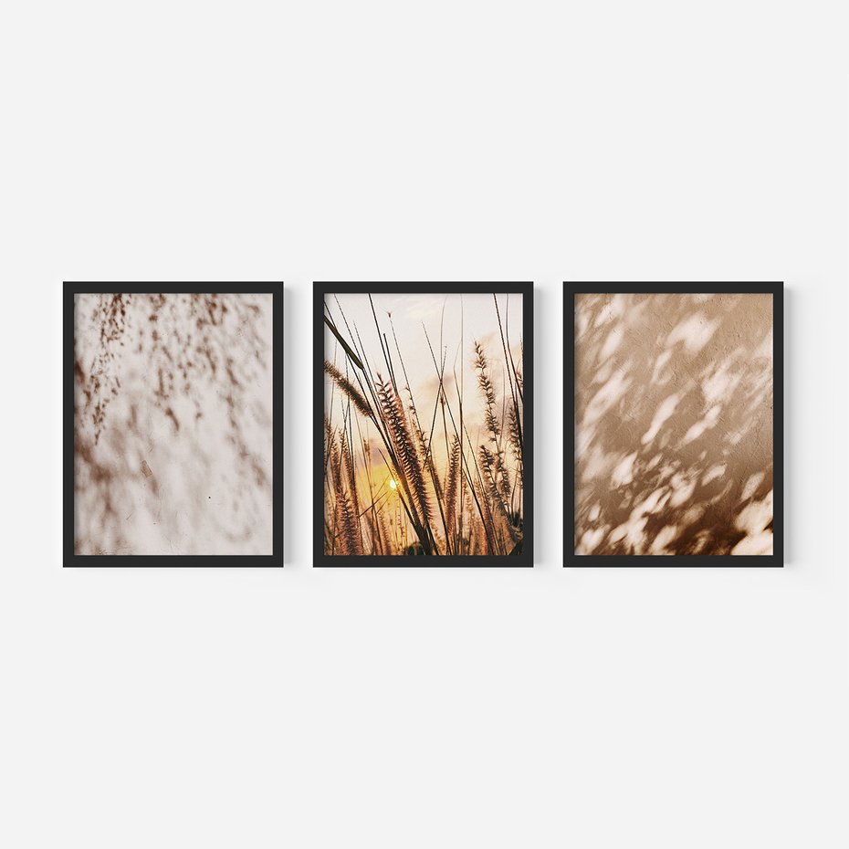 Zestaw obrazy w ramie, plakaty - cienie, trawa, abstrakcja - rama czarna