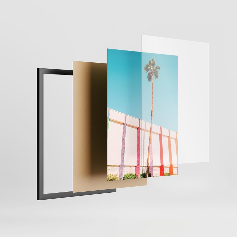 Zestaw obrazy w ramie, plakaty - plaża,palma,budynek - rama czarna