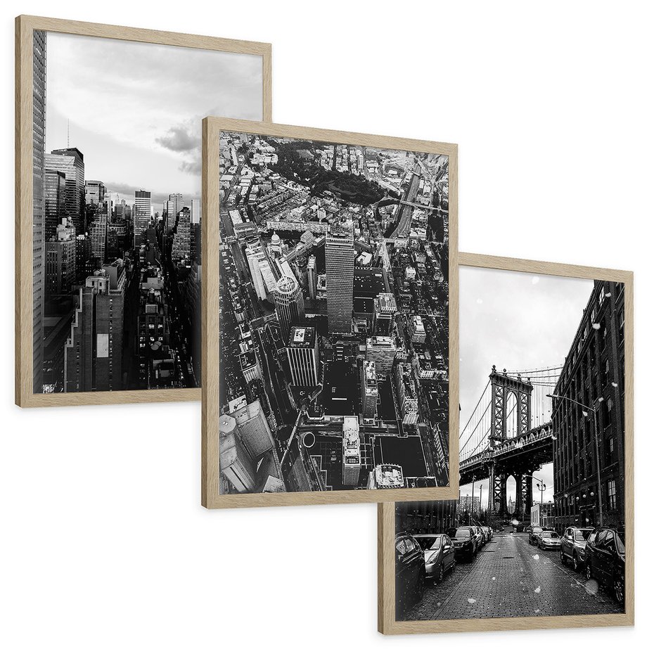 Zestaw obrazy w ramie, plakaty - miasto, budynki, most - rama drewno