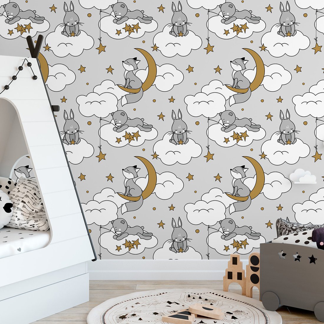 Tapeta - dziecięca, królik, chmury, gwiazdy