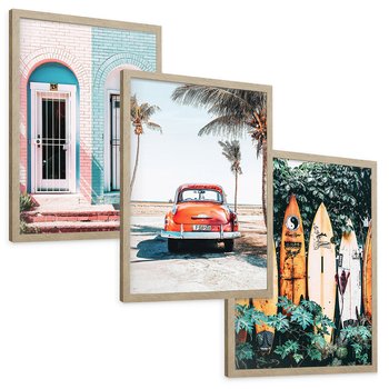 Zestaw obrazy w ramie, plakaty - palmy, samochód, deski surfingowe - rama drewno