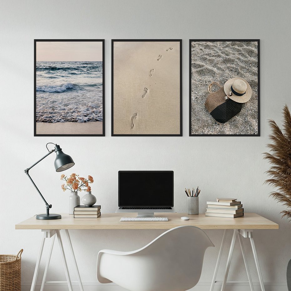 Zestaw obrazy w ramie, plakaty - plaża, morze, piasek - rama czarna