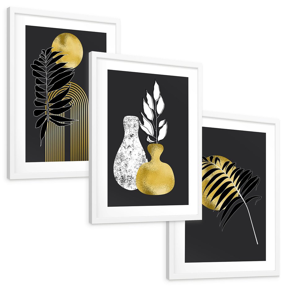 Zestaw obrazy w ramie, plakaty - liście, złoto, abstrakcja - rama biała