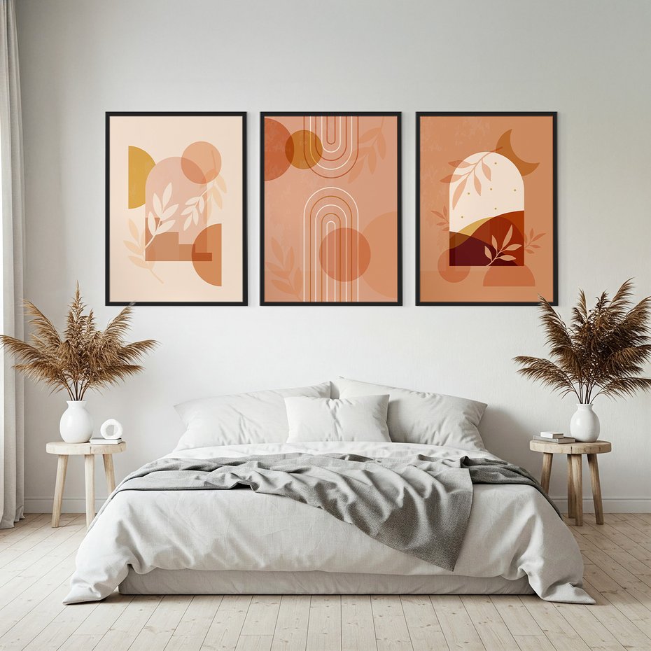 Zestaw obrazy w ramie, plakaty - abstrakcja, boho, liście - rama czarna