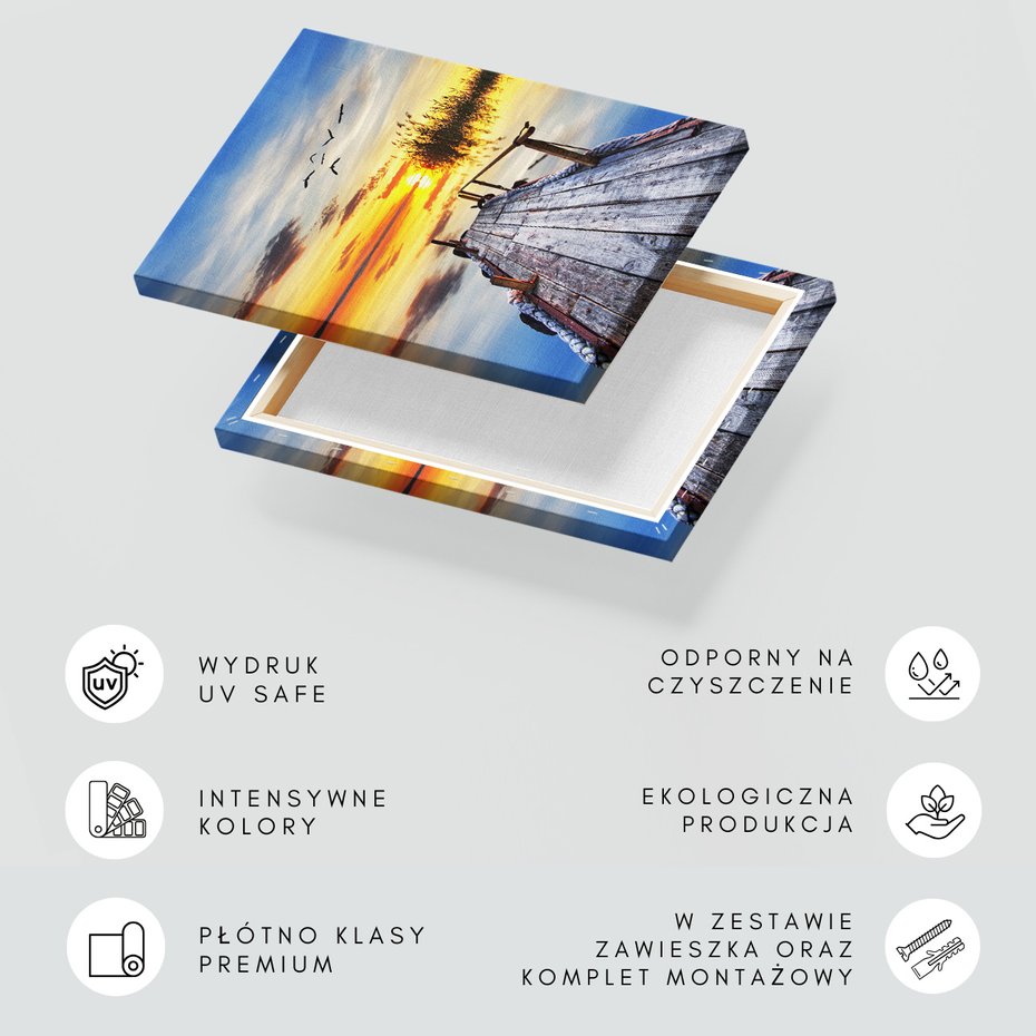 Obraz na płótnie - pomost, zachód słońca, jezioro