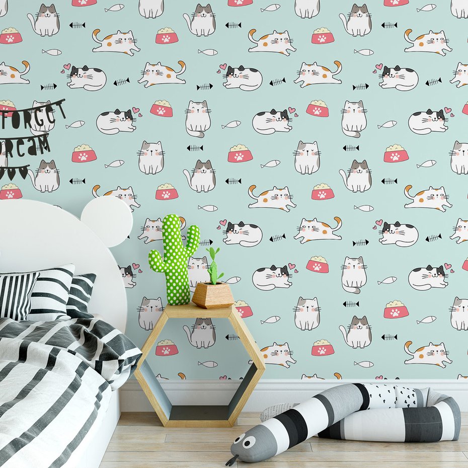 Tapeta - dziecięca, koty, miski, ryby