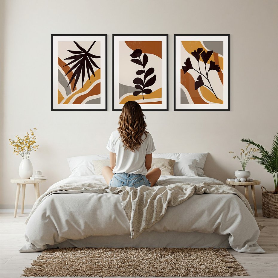Zestaw obrazy w ramie, plakaty - liście, abstrakcja, rośliny - rama czarna