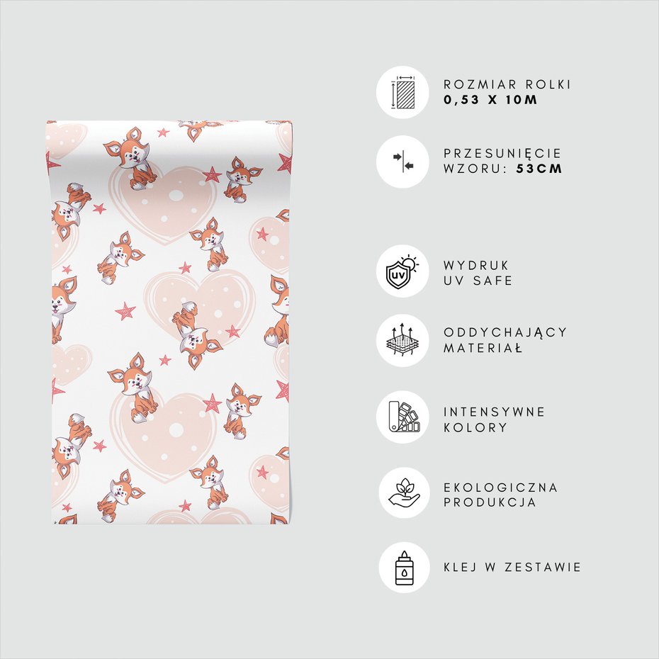Tapeta - dziecięca, lisy, serca, gwiazdy