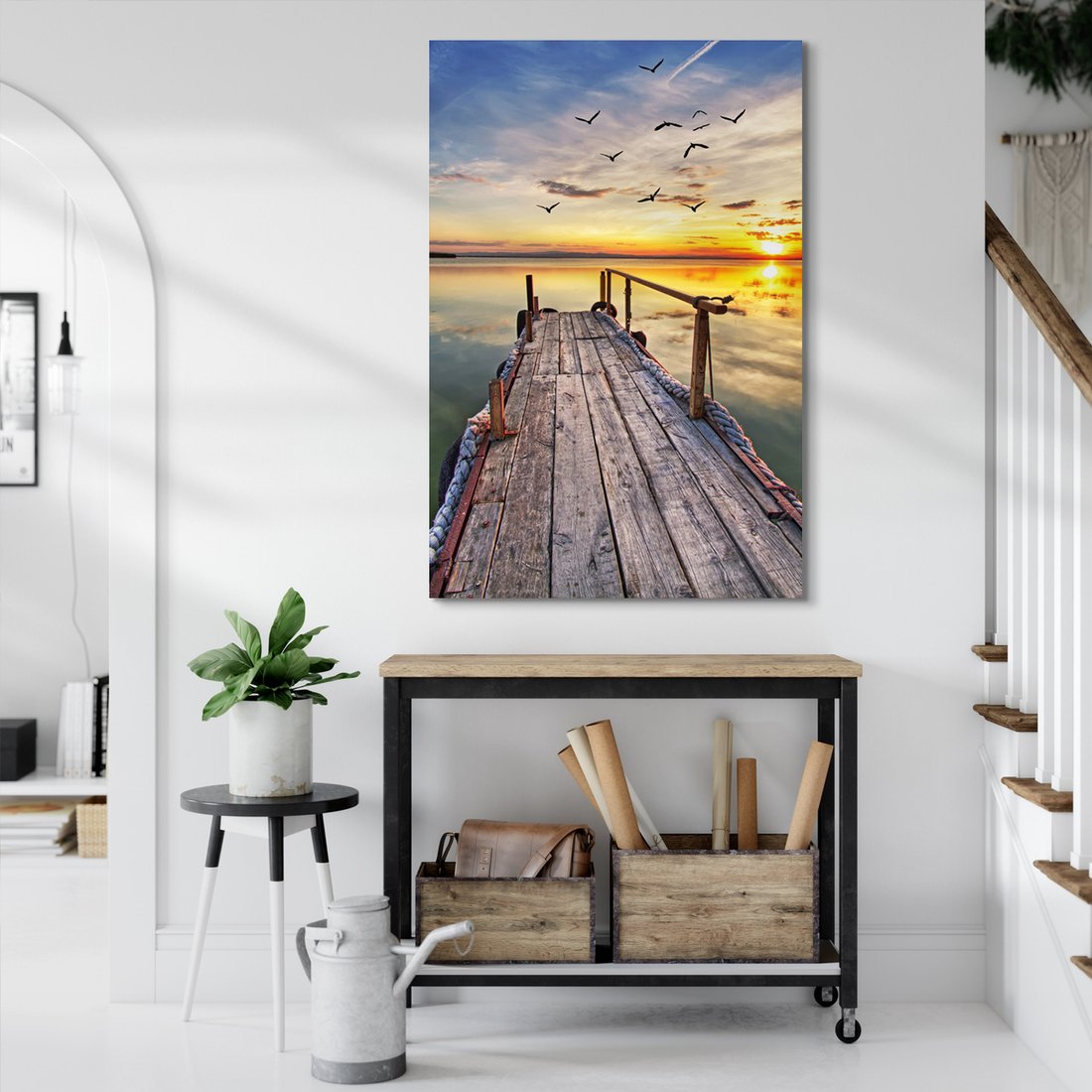 Obraz na płótnie - zachód słońca, jezioro, ptaki