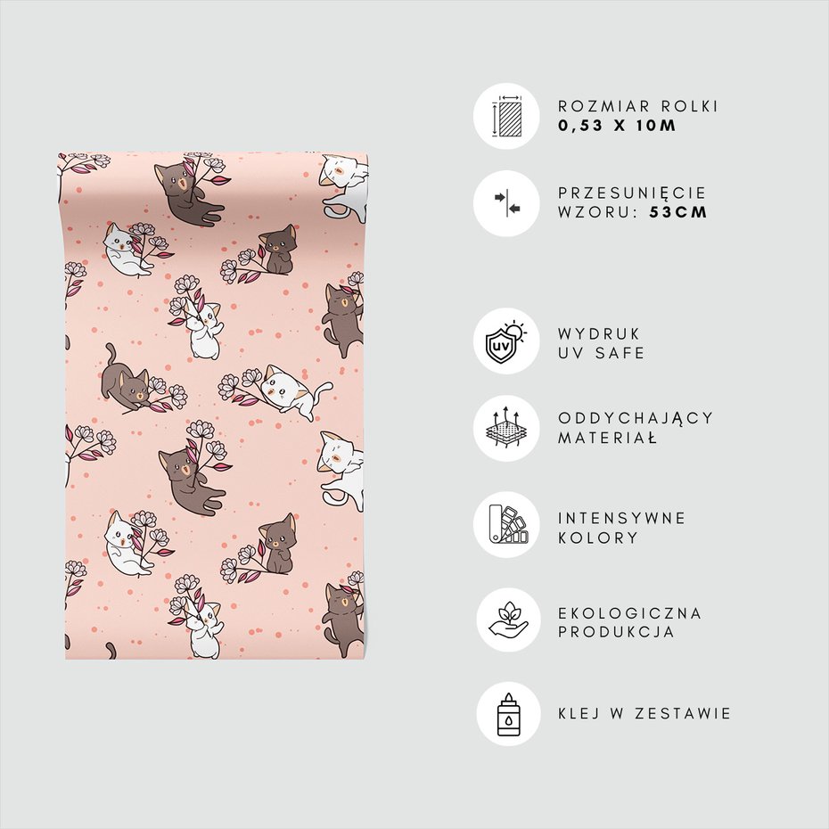 Tapeta - dziecięca, koty, kwiaty,